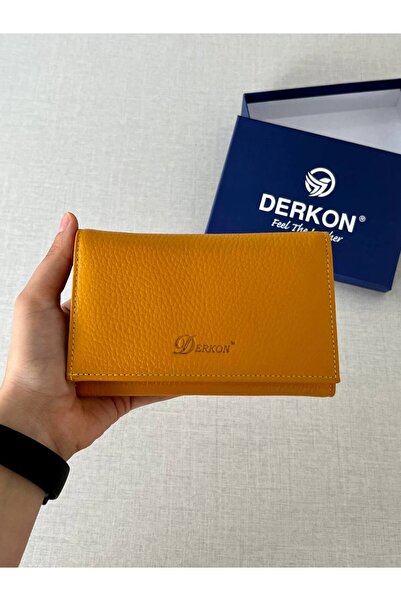 DERKON Mendy Model Useful Genuine Leather Medium Size Women's Wallet Yellow Color