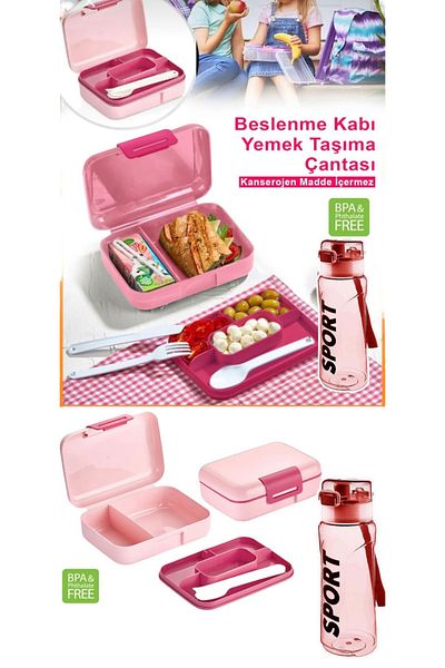 Bayev Set of 2 Water Bottle and Pink Self-Spounded 5-Compartment 2-Layer Lunch Box and Pink Water Bottle