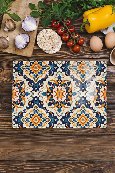 Postifull 21*30cm Ethnic Boho Patterned Unbreakable Glass Cutting Board - Thick and Tempered