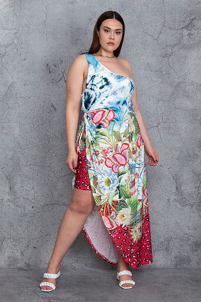 Şans Γυναικείο Plus Size Πολύχρωμο φόρεμα με έναν ώμο και λεπτομερές φόρεμα 65n24452