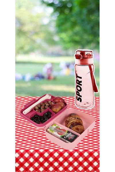 Bayev Set of 2 Water Bottle and Pink Self-Spounded 5-Compartment 2-Layer Lunch Box and Pink Water Bottle