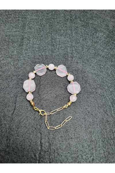 Yüksel Boncuk Pink Quartz Stone Women's Natural Stone Bracelet