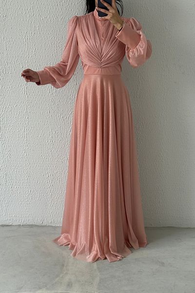 LEYUZE BUTİK Drape Detailed Glittery Hijab βραδινό φόρεμα σε σκόνη