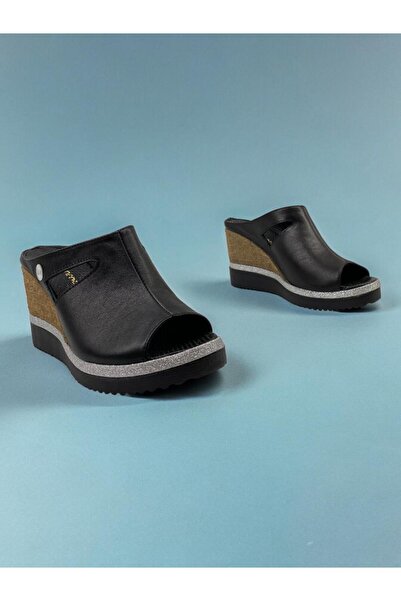 Mammamia D24yt-2030 Genuine Leather Black Women's Daily Slippers