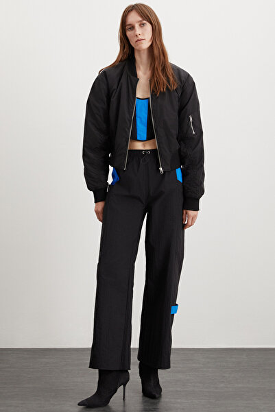 GRIMELANGE Jeanette Kadın Beli Lastikli Stoper Detaylı Su Geçirmez Paraşüt Kumaş Siyah Pantolon