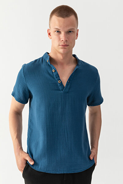 EtkiModa Ανδρικό μπλουζάκι Indigo Blue 100% βαμβακερό με κοντό μανίκι και καν...