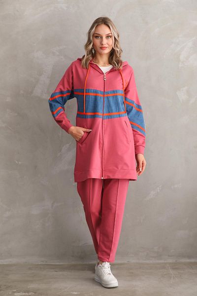 WestBound Women's Denim Piece Striped Bottom Top Double Tracksuit Set PUDRA