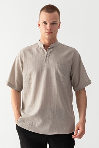 EtkiModa Men's Gray 100% Cotton Woven Prevailing Collar Short Sleeve Relaxed Fit Pocket Detailed Sile Fabric T-Shirt