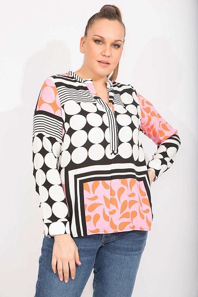 Şans Women's Colorful Large Size V-Neck Cuffed Woven Viscose Fabric Blouse 65n35652