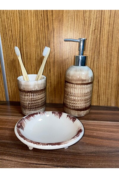 RED SERAMİK Κόκκινο κεραμικό σετ μπάνιου 3 τεμαχίων - Καφέ παλαιωμένο