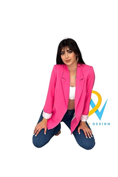 NILOO Kadın Blazer Düğmesiz Cepli Çizgili Astarlı Katlanılabilir Kol Blazer Ceket