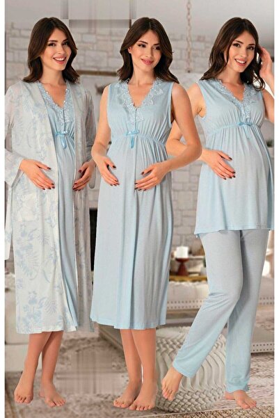 by İGP Mavi Pamuklu Hamile Lohusa Sabahlıklı Gecelik ve Pijama Takımı 4 Lü  S...