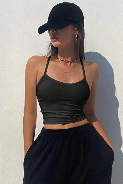 MADALİNA Women's Black Camisole Thin Strap Crop Blouse