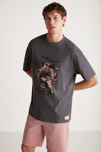 GRIMELANGE Rex Men's Oversize Fit 100% Cotton Thick Textured Printed Anthracite T-shirt