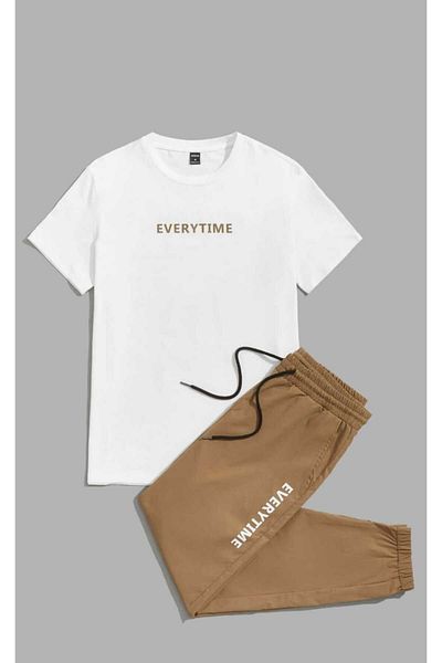 Sky Light Unisex White Printed T-Shirt - Beige Jogger Tracksuit - Summer