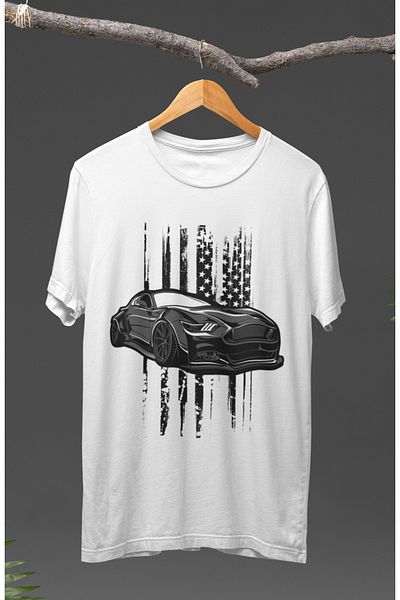 Fuddy Moda Tricou cu imprimeu unisex gri Car Mustang, tricou imprimat cu tematică pentru curse de mașini
