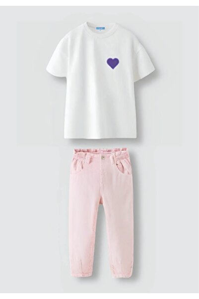 BESA BABY STORE KIZ ÇOCUK KALPLİ T-SHIRT RENKLİ DENİM PANTOLON 2'Lİ TAKIM