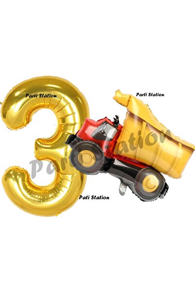 Parti Station İnşaat Konsept 3 Yaş Doğum Günü Balon Set Kamyon Balon ve Gold ...