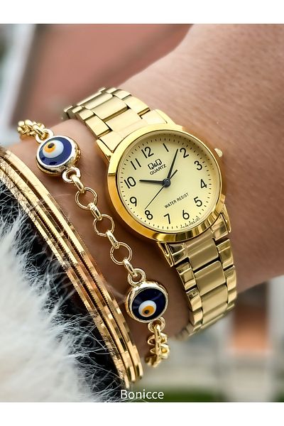 Q&Q Brand Steel Strap, Waterproof, Gold Color Small Case Women's Wristwatch+bracelet