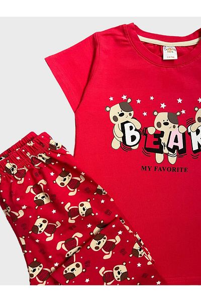 elmas kids Girl's 100% Cotton Bear Teddy Bear Patterned Short Sleeve Summer Pajama Set