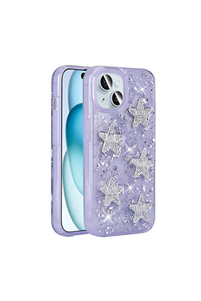 Rivor Apple iPhone 15 Kılıf Kamera Çıkıntılı Airbagli Simli Yıldız Kabartmalı...