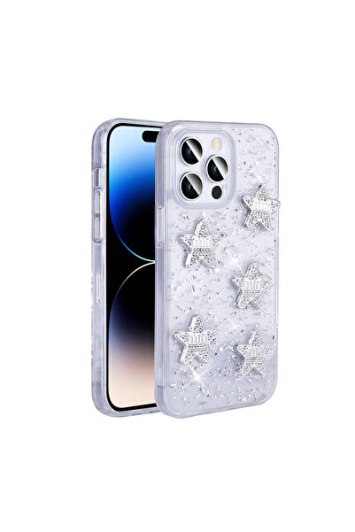 Rivor Apple iPhone 14 Pro Max Kılıf Kamera Çıkıntılı Simli Yıldız Kabartmalı ...