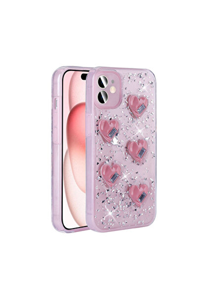 Rivor Apple iPhone 15 Kılıf Kamera Çıkıntılı Airbagli Simli Kalp Kabartmalı A...