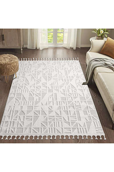 SARAZ HALI Bukle11883 Beyaz Yumuşak Dokulu Halı Kilim Salon Mutfak Koridor Kesme Yolluk Dokuma Makine Halısı