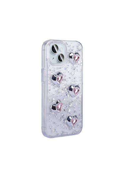 Rivor Apple iPhone 15 Kılıf Kamera Çıkıntılı Airbagli Simli Kalp Kabartmalı A...