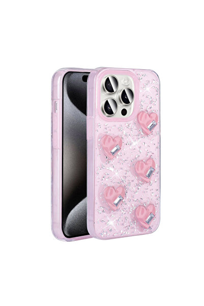 Rivor Apple iPhone 15 Pro Kılıf Kamera Çıkıntılı Simli Kalp Kabartmalı Arka Y...