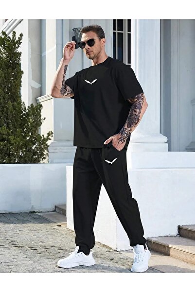 Frisson Wings Printed Black T-Shirt and Sweatpants Set - Oversize Crew Neck