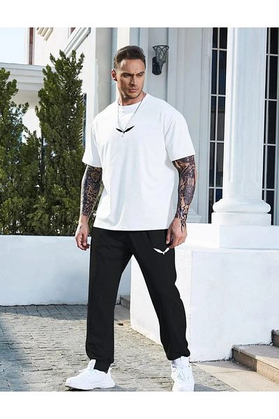 Frisson Wings Printed Black T-Shirt and Sweatpants Set - Oversize Crew Neck