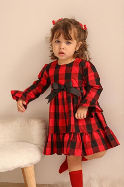 Ma Moi Baby Kırmızı Ekose Volanlı Kız Çocuk Elbise