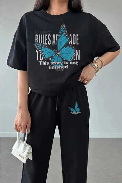 Frisson Black Butterfly Patterned Jogger T-Shirt and Tracksuit Set - Crew Neck