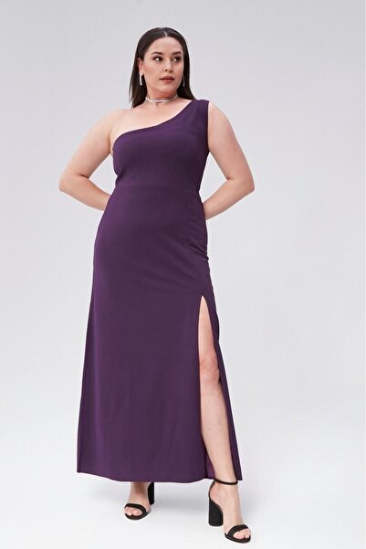 Seamoda One Shoulder Deep Slit Flower Detailed Evening Dress-PURPLE