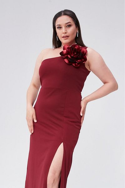 Seamoda One-Shoulder Deep Slit Flower Detailed Evening Dress-Burgundy