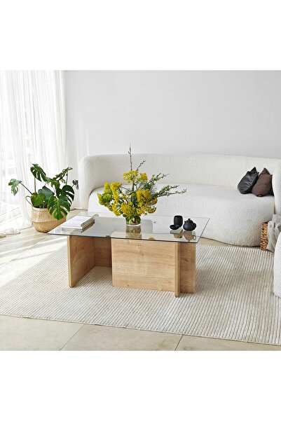 ERİZA Piano, Yeni Nesil Modern Dikdörtgen Cam Orta Sehpa, Naturel