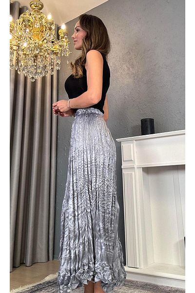Atelier Derin Gray Wrinkled Satin Skirt with Elastic Waist