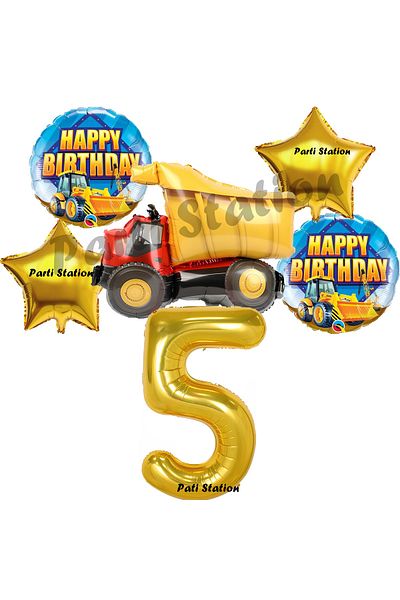 Parti Station Construction Concept Balloon Set for 5 Year Old Birthday - Truck and Gold Number Balloons