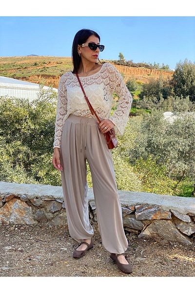 LE CARAMBOLE Γυναικείο Μπεζ Modal Υφασμάτινο Παντελόνι Shalwar