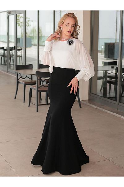 SpringStore Black Ecru Chiffon Bat Sleeve Evening Dress