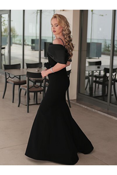 SpringStore Siyah Yakası Organize Krep Abiye Elbise