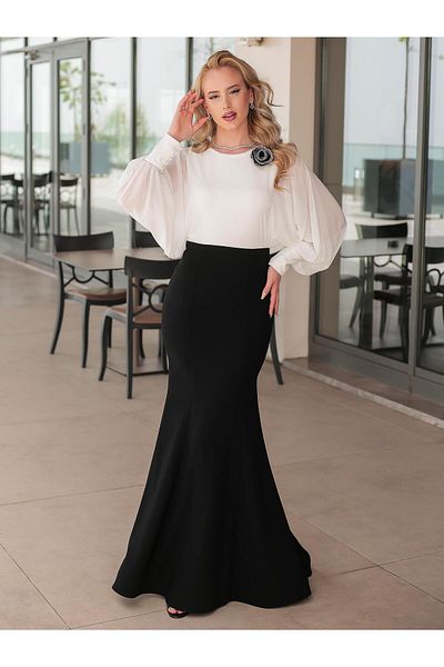 SpringStore Black Ecru Chiffon Bat Sleeve Evening Dress
