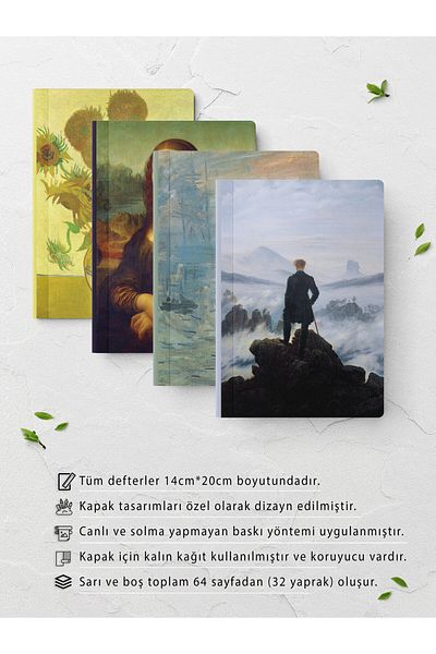 Postifull Set caiete cu tematică artistică - 4 bucăți - 14cm*20cm - 64 pagini - fără linii