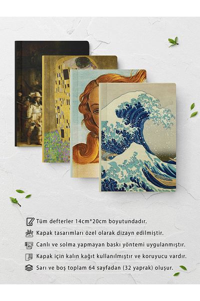 Postifull Set caiete cu tematică artistică - 4 bucăți - 14cm*20cm - 64 pagini - fără linii
