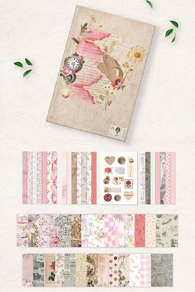 Postifull Set Caiete Jurnal Vintage, Caiet Vintage Roz, 27 Hârtie Vintage, 30 Bucăți Autocolante Vintage