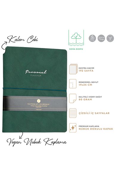 Victoria's Journals Kuka Vegan Leather Elastic Covered Planner Lined Notebook 19x25 Cm Green