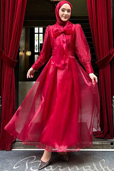 Ceylan Otantik Burgundy Bow Evening Dress