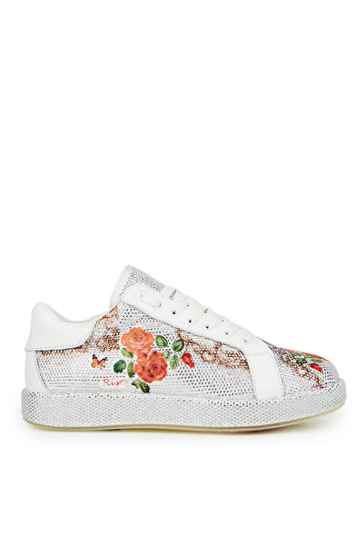 Cengiz Gümüş Beyaz Taşlı Kırmızı Çiçekli Spor Ayakkabı