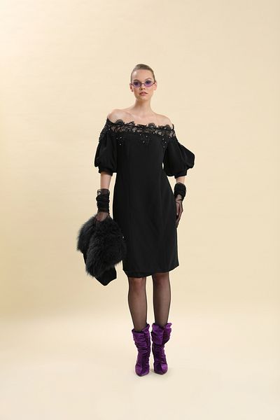 VERDA Wide Collar Ruched Jewelled Evening Dress Can Be Used Off the Shoulder